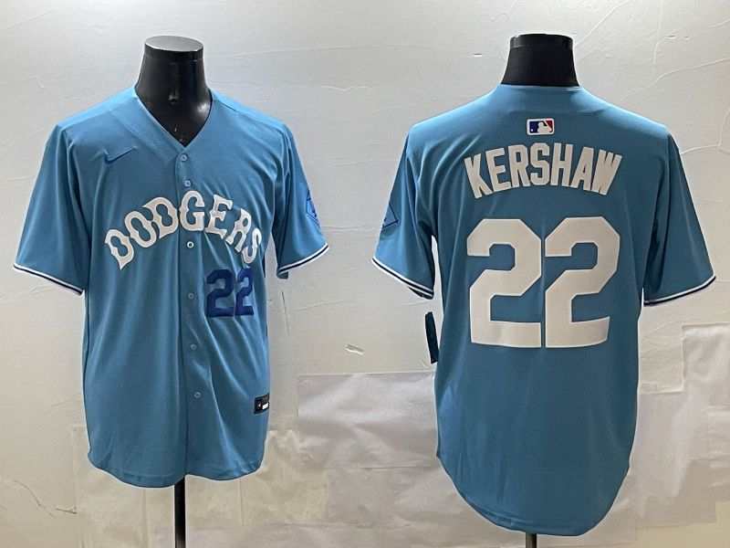 Men Los Angeles Dodgers #22 Kershaw Light Blue Joint Name 2025 Nike MLB Jersey style 11